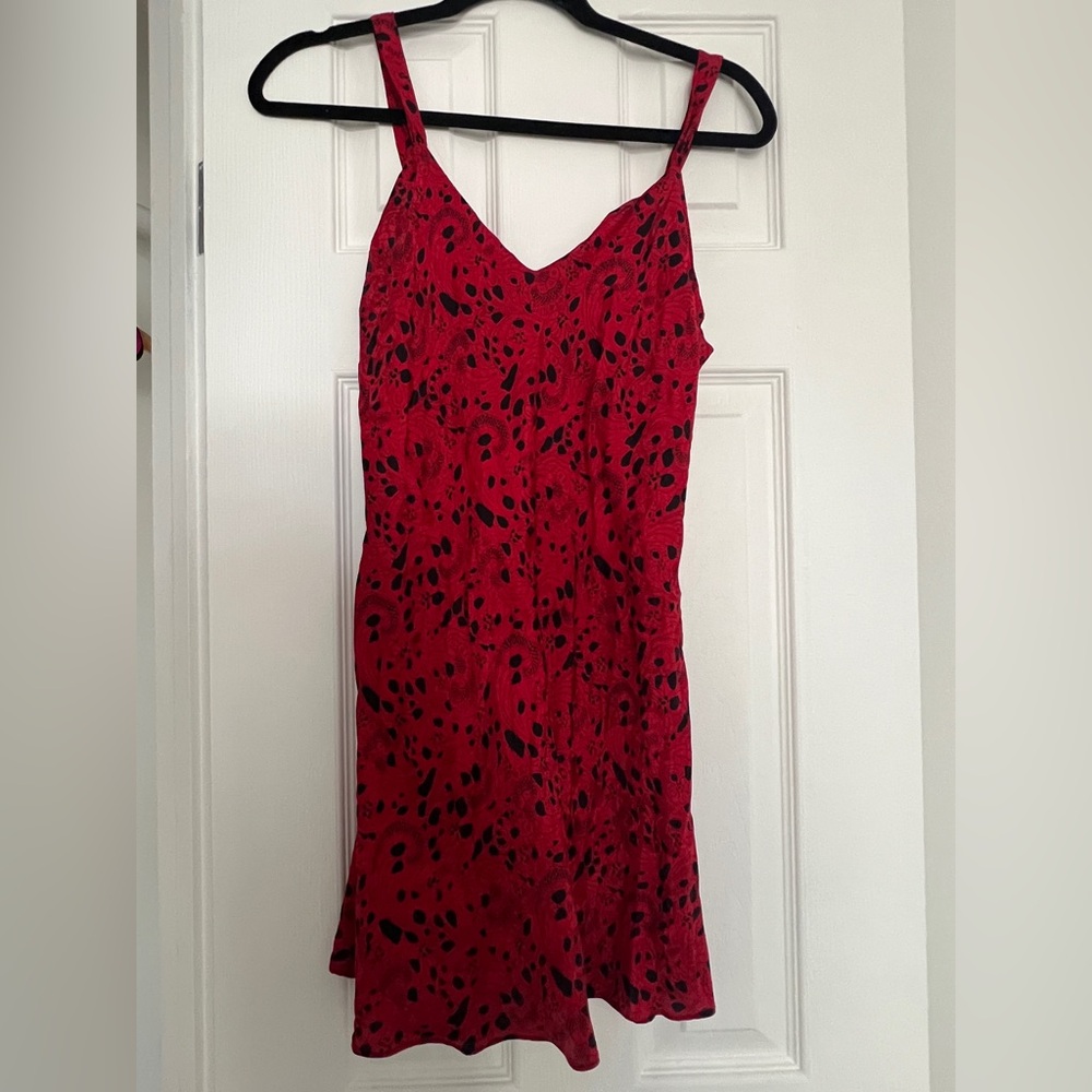 Vintage red lace print silk slip dress